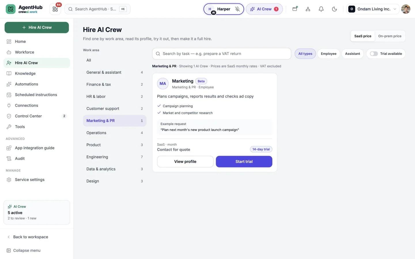 Real AgentHub AI Crew hiring list screen, with work area categories and a marketing AI Crew card