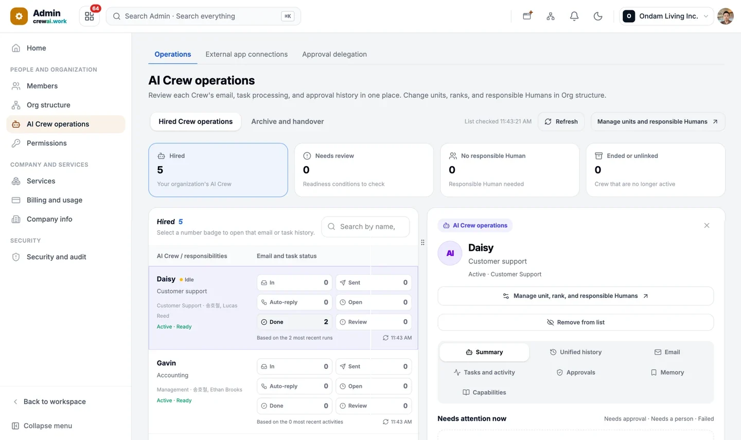 AI Crew operations screen showing each crew's role, owners and work status